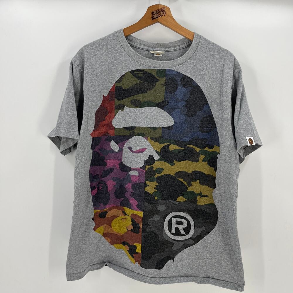A Bathing APE BAPE Multi Color Camo Ape Head Nigo Tee in Grey L